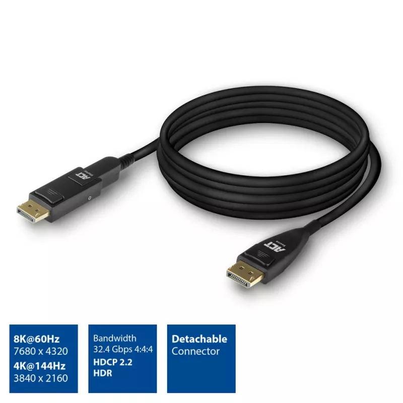 ACT Cable óptico activo DisplayPort 1.4 de 10 metros 8K con conector desmontable