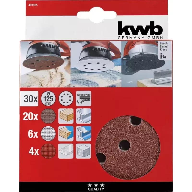 Set de discos de lijar kwb Quick-stick set de discos de lijar 30 uds. 11,5 cm corindón