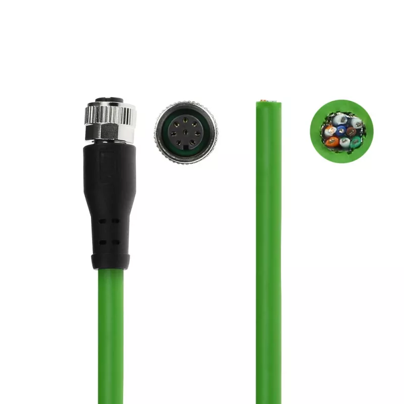 Cable de sensor ACT Industrial 3,00 m M12A 8 polos conector hembra a extremo abierto, cable TPE Ultraflex, apantallado