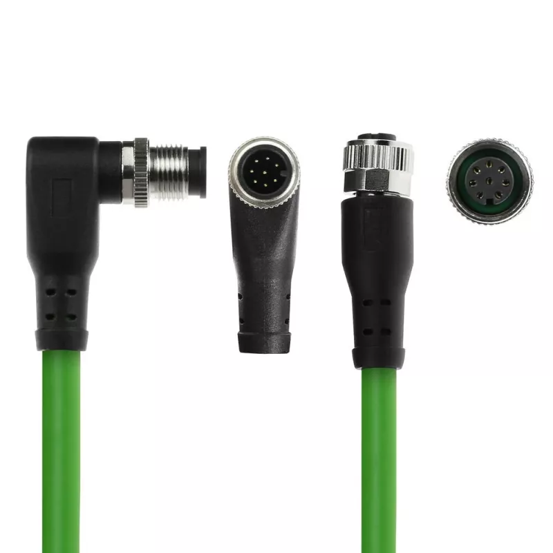 Cable de sensor ACT Industrial 1,50 m M12A 8 polos conector macho acodado a conector hembra M12A, cable TPE Ultraflex, apantallado