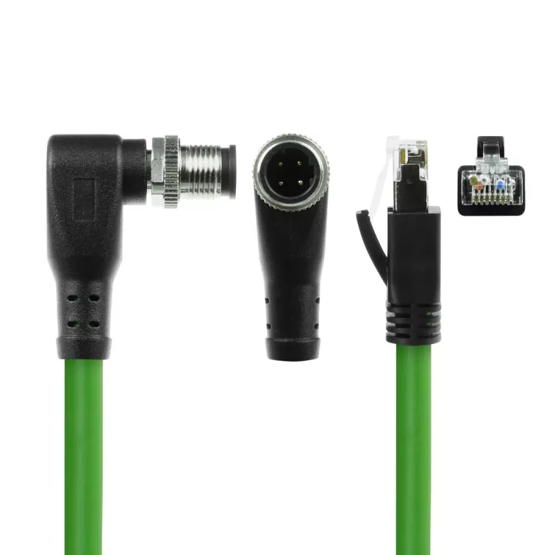 Cable de sensor ACT Industrial 1,50 m M12D 4 pines conector macho en ángulo recto a conector macho RJ45, cable TPE Superflex Xtreme, apantallado