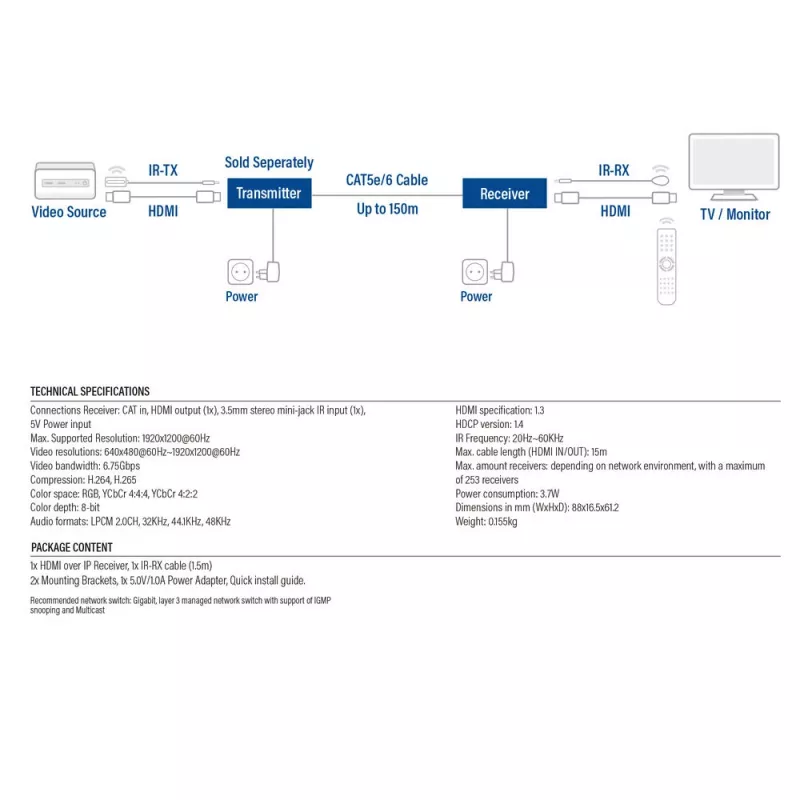 Receptor ACT AC7853 HDMI sobre CATx — receptor de señal HDMI sobre Ethernet hasta 150 m