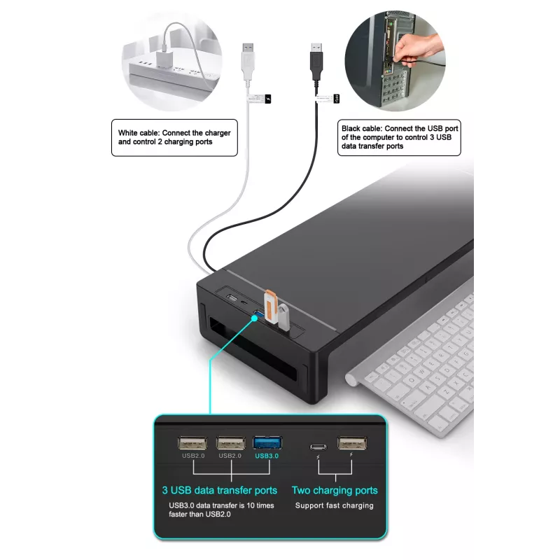 Soporte de monitor EQUIP soporte de monitor ergonómico con USB (USB-A x4, USB-C x1), de pie, 25 kg, negro