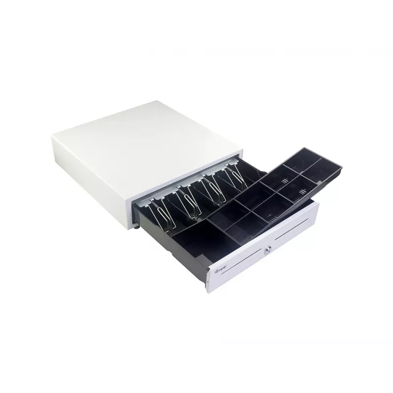 Equip 351011 cajón portamonedas POS, 4 compartimentos para billetes / 8 para monedas, RJ11, blanco