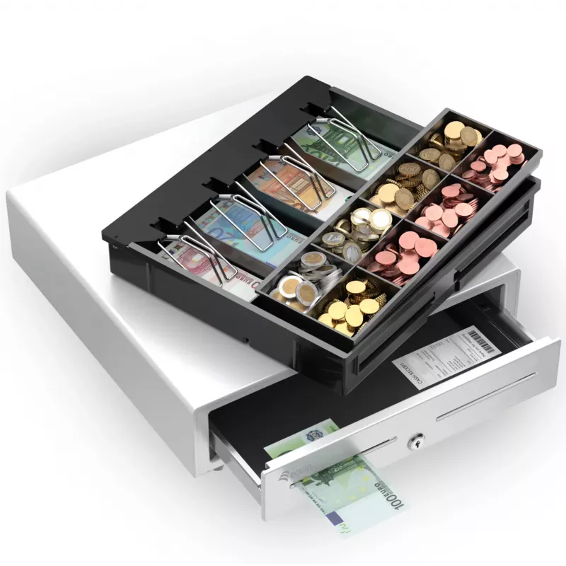 Equip 351011 cajón portamonedas POS, 4 compartimentos para billetes / 8 para monedas, RJ11, blanco