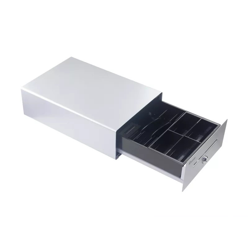 Cajón portamonedas Equip para sistemas de caja (POS), 4 compartimentos para billetes / 4 para monedas, ranuras para monedas extraíbles, conexión RJ11, aluminio