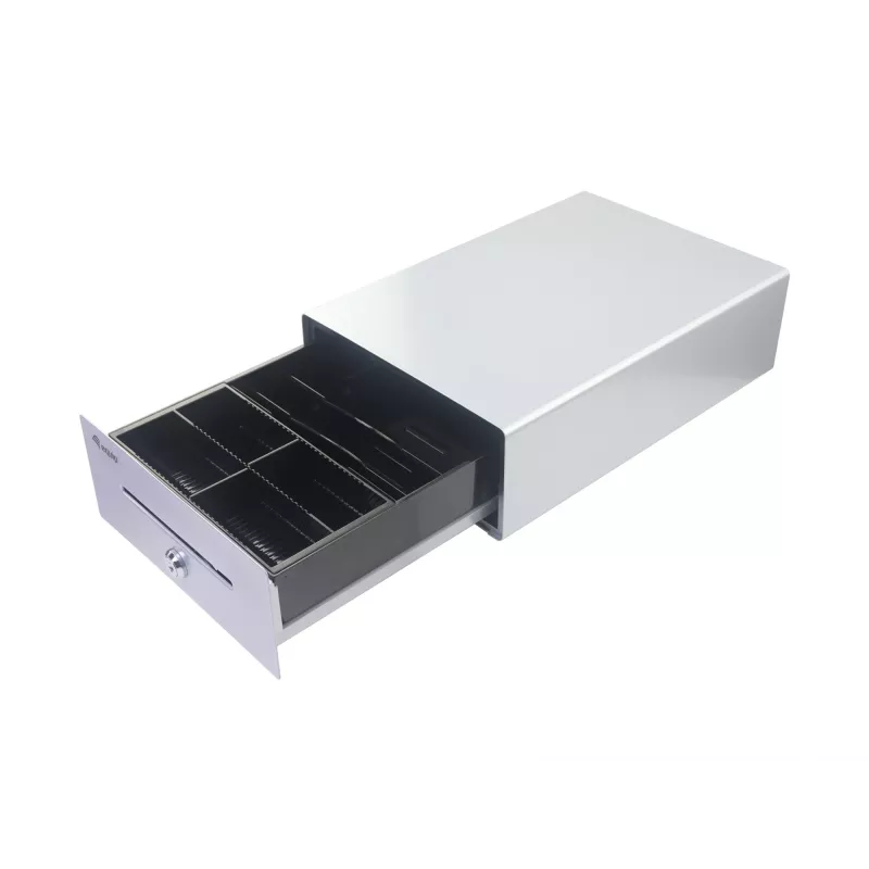 Cajón portamonedas Equip para sistemas de caja (POS), 4 compartimentos para billetes / 4 para monedas, ranuras para monedas extraíbles, conexión RJ11, aluminio