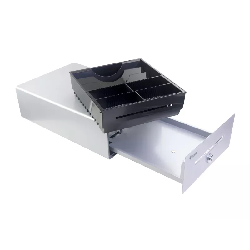 Cajón portamonedas Equip para sistemas de caja (POS), 4 compartimentos para billetes / 4 para monedas, ranuras para monedas extraíbles, conexión RJ11, aluminio