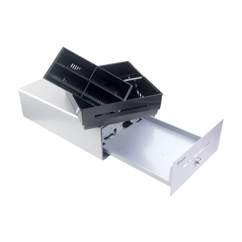 Cajón portamonedas Equip para sistemas de caja (POS), 4 compartimentos para billetes / 4 para monedas, ranuras para monedas extraíbles, conexión RJ11, aluminio
