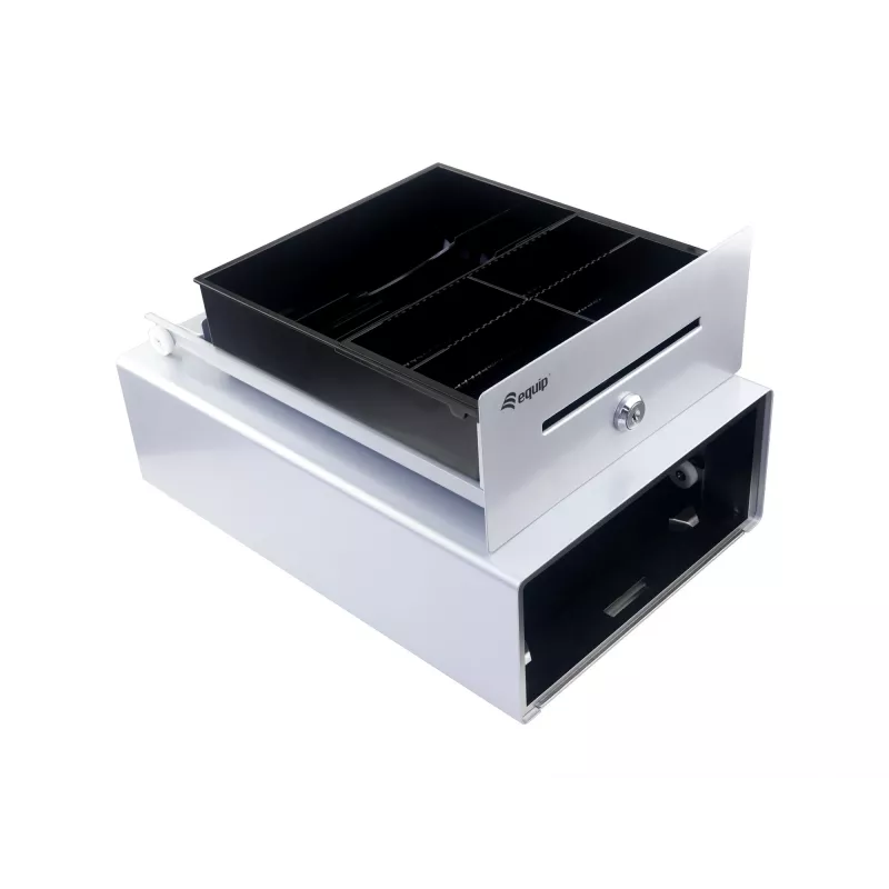 Cajón portamonedas Equip para sistemas de caja (POS), 4 compartimentos para billetes / 4 para monedas, ranuras para monedas extraíbles, conexión RJ11, aluminio