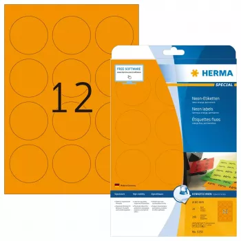 Etiquetas de impresora autoadhesivas HERMA etiquetas neón A4 Ø 60 mm redondas naranja brillante