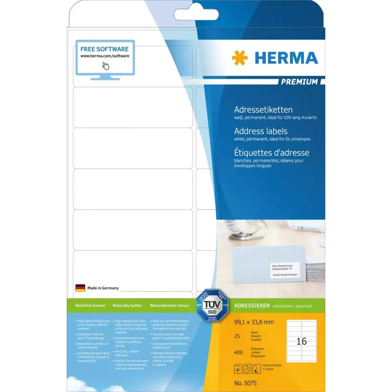 Etiquetas de dirección Premium HERMA A4 99,1x33,8 mm 400 uds.