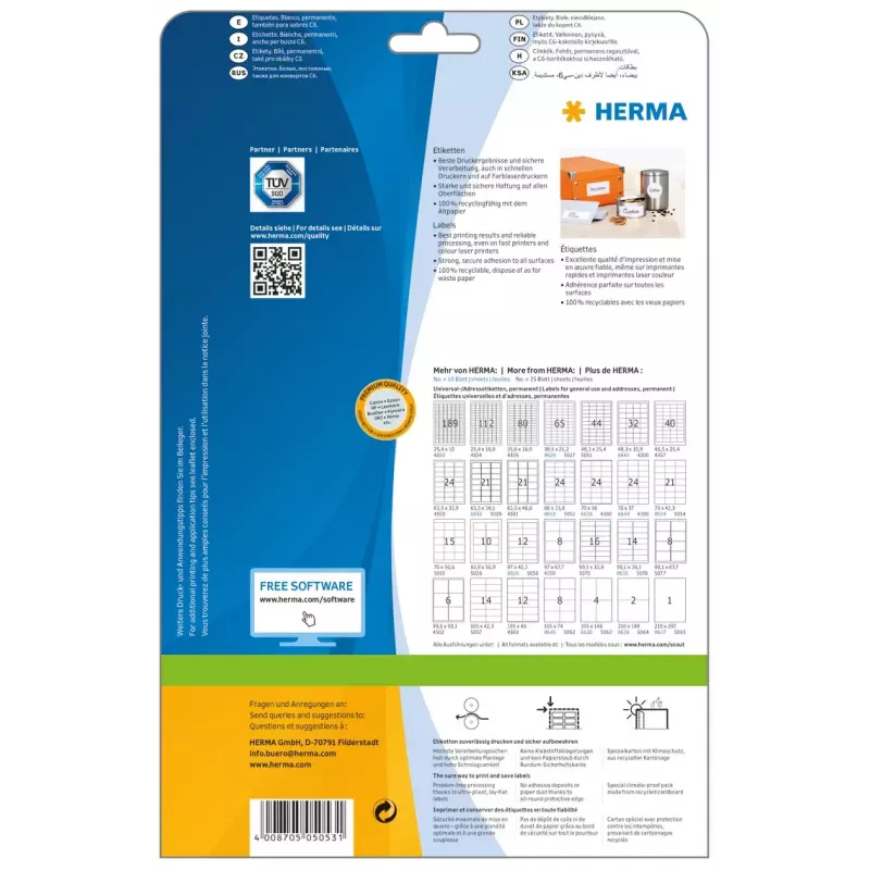 Etiquetas de impresora autoadhesivas HERMA Labels Premium A4 66x33,8 mm