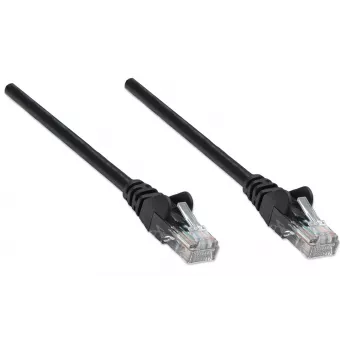 Cable de parcheo de red Intellinet, Cat5e, 0,25 m, negro, CCA, U/UTP, PVC, RJ45, contactos dorados, protección de lengüeta, funda antirrotura, garantía de por vida