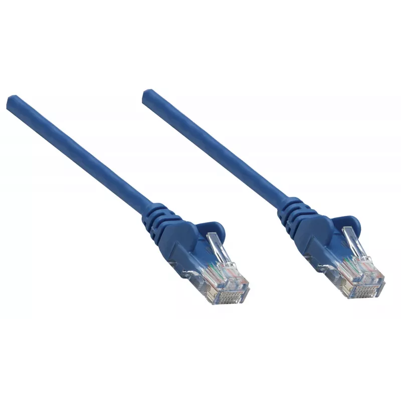 Cable de red patch Intellinet, Cat5e, 0,25 m, azul, CCA, U/UTP, PVC, RJ45, contactos bañados en oro, sin lengüeta, protección antipinzamiento, garantía de por vida
