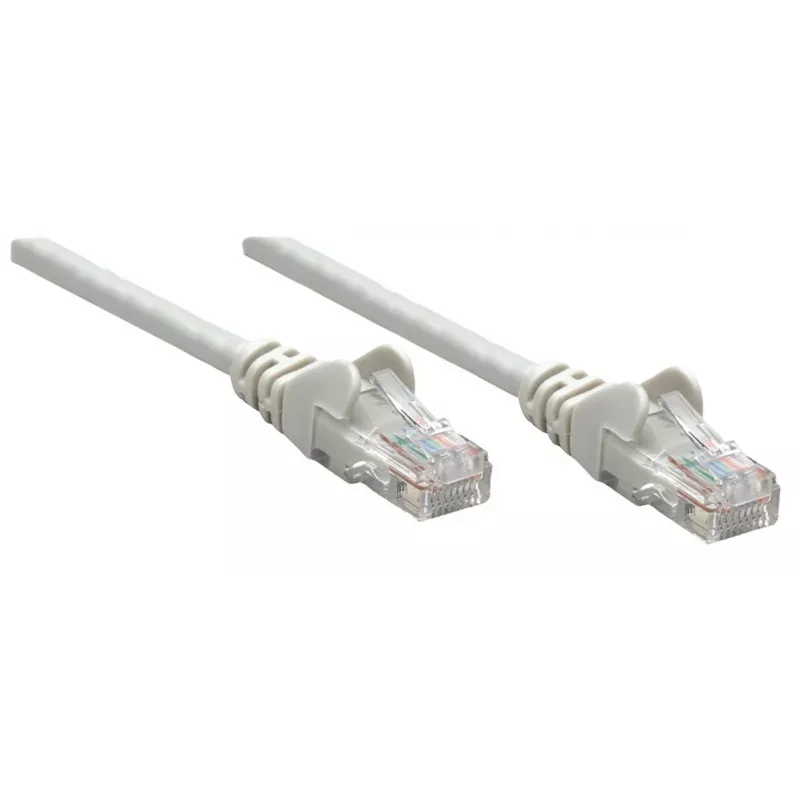 Cable de red patch Intellinet, Cat6, 0,25 m, gris, CCA, U/UTP, PVC, RJ45, contactos bañados en oro, sin lengüeta, funda antipinzamiento, garantía de por vida