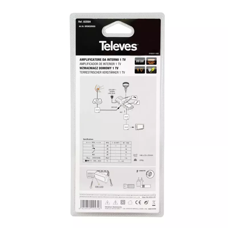 Televes 553504 amplificador de señal de TV, 88 - 1006 MHz