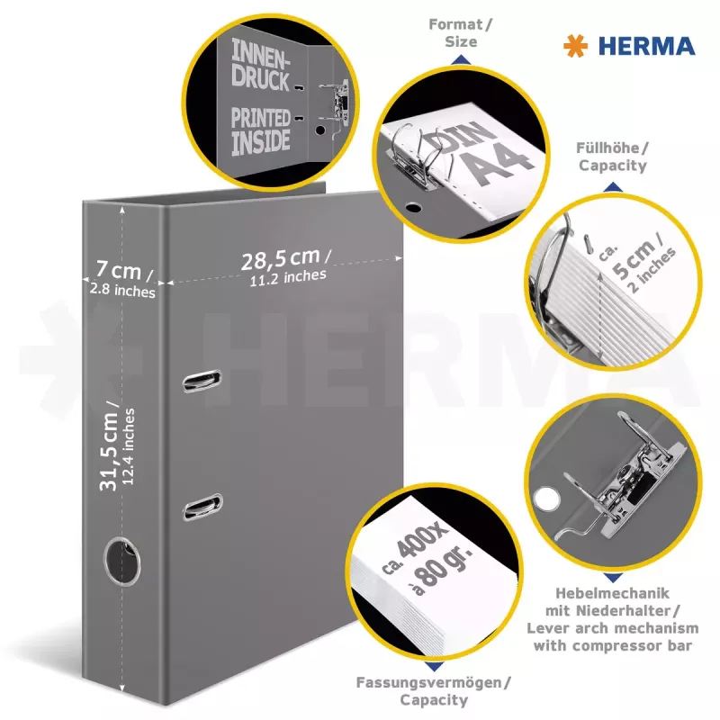 Archivador HERMA 7016 A4 negro gris con anillas D