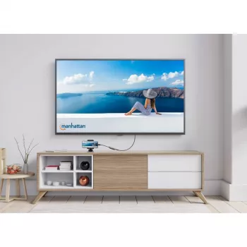 Manhattan Dock/Hub USB-C, puertos (x3): HDMI, USB-A y USB-C, con Power Delivery (100W) al puerto USB-C (nota: se requiere fuente de alimentación USB-C y cable USB-C adicionales), universal para todos los dispositivos, cable 10 cm, negro, tres años de garantía