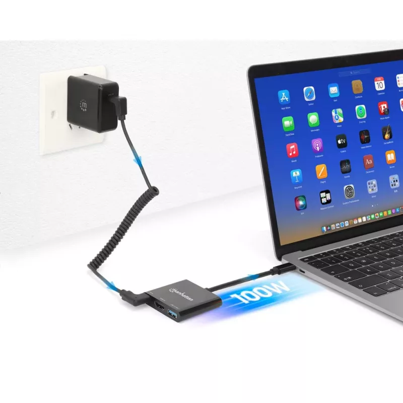 Manhattan Dock/Hub USB-C, puertos (x3): HDMI, USB-A y USB-C, con Power Delivery (100W) al puerto USB-C (nota: se requiere fuente de alimentación USB-C y cable USB-C adicionales), universal para todos los dispositivos, cable 10 cm, negro, tres años de garantía