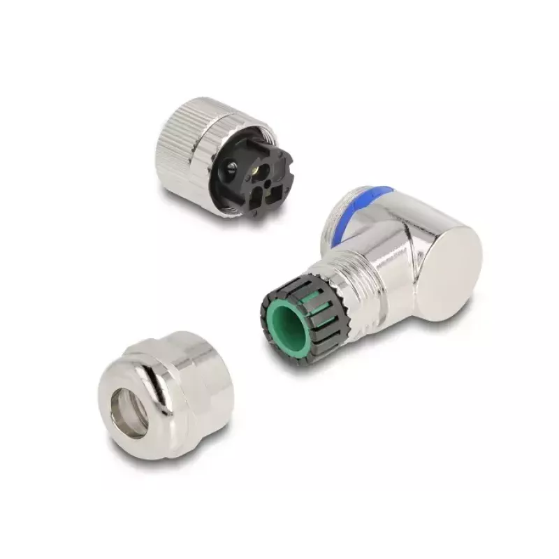 Conector hembra M12 DeLOCK codificación A de 3 polos 90° acodado metal