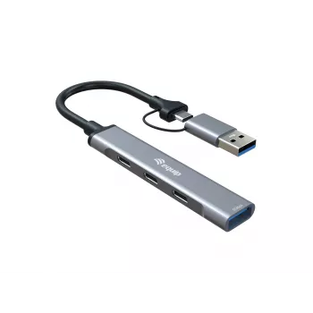 Hub USB 3.2 Gen 1 de 4 puertos EQUIP — 3× USB‑C + 1× USB‑A, 5 Gbit/s, aluminio, gris
