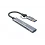 Hub USB 3.2 Gen 1 de 4 puertos EQUIP — 3× USB‑C + 1× USB‑A, 5 Gbit/s, aluminio, gris