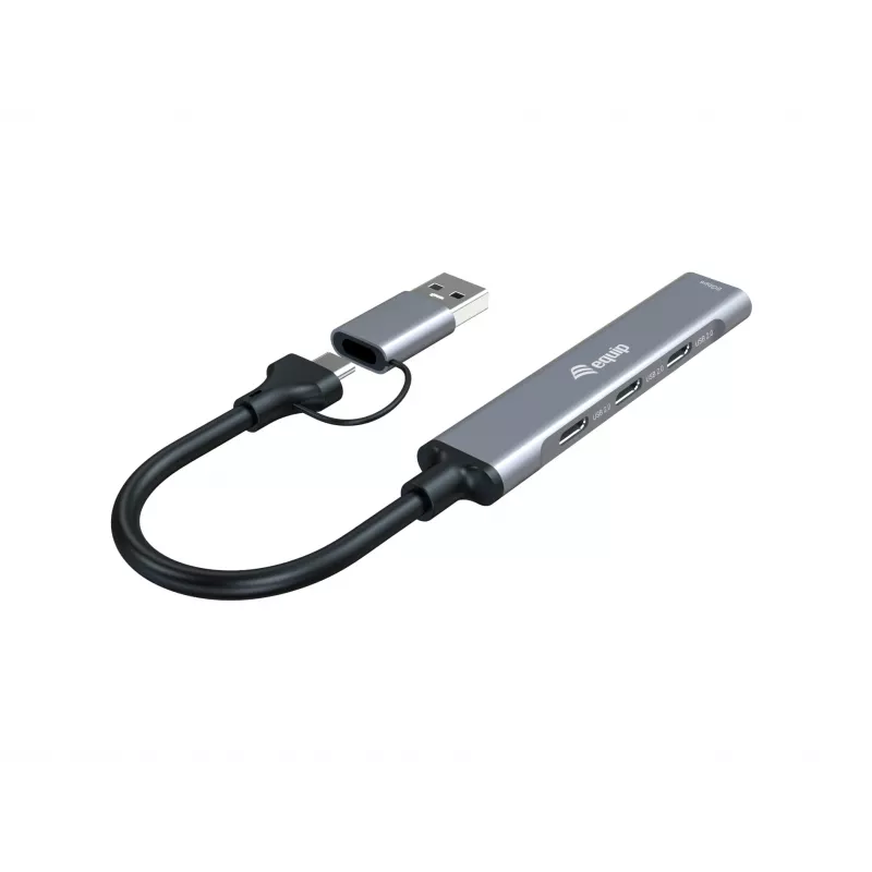 Hub USB 3.2 Gen 1 de 4 puertos EQUIP — 3× USB‑C + 1× USB‑A, 5 Gbit/s, aluminio, gris