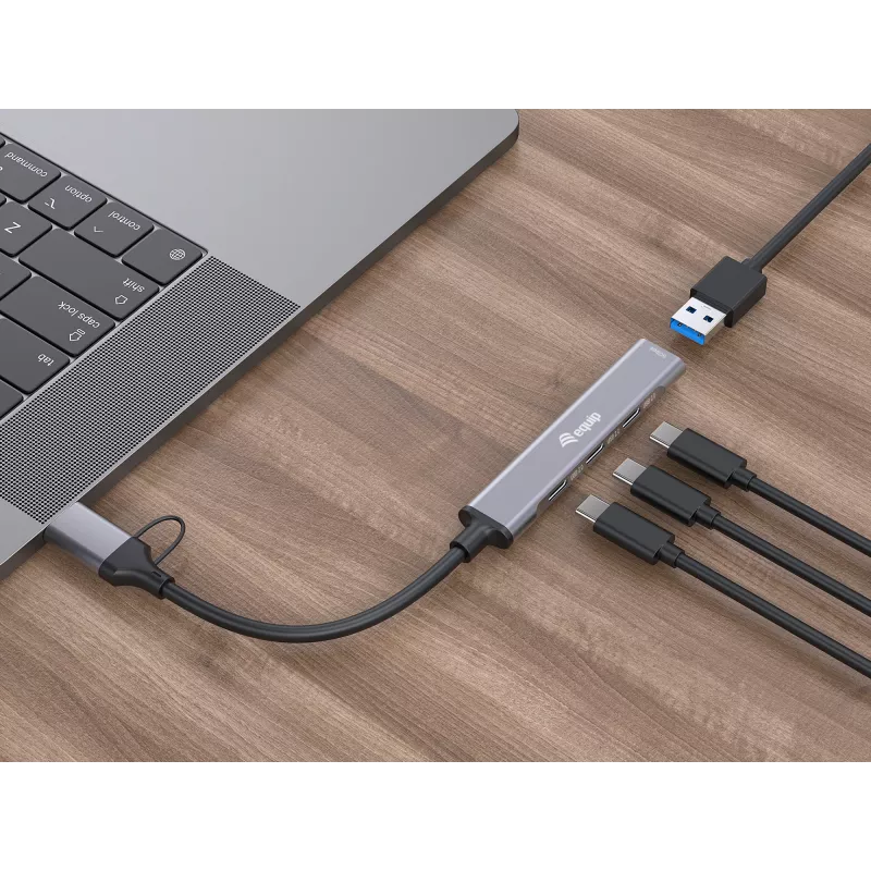 Hub USB 3.2 Gen 1 de 4 puertos EQUIP — 3× USB‑C + 1× USB‑A, 5 Gbit/s, aluminio, gris