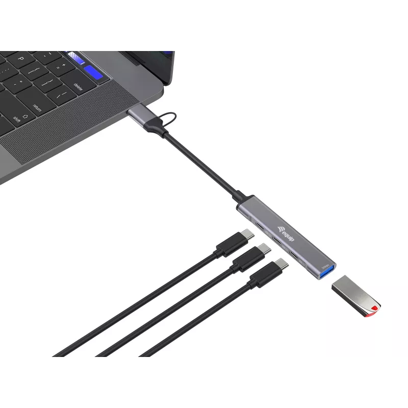 Hub USB 3.2 Gen 1 de 4 puertos EQUIP — 3× USB‑C + 1× USB‑A, 5 Gbit/s, aluminio, gris