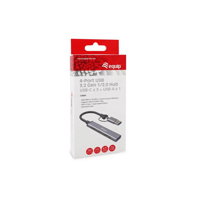 Hub USB 3.2 Gen 1 de 4 puertos EQUIP — 3× USB‑C + 1× USB‑A, 5 Gbit/s, aluminio, gris