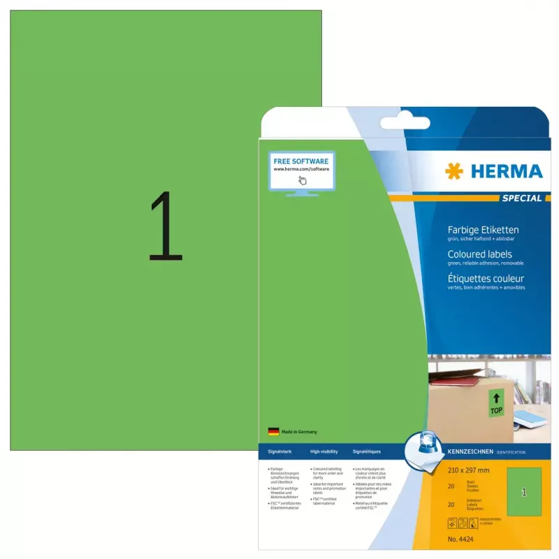 Etiqueta autoadhesiva para impresora HERMA Coloured Labels A4 210x297 mm verde papel mate 20 uds.