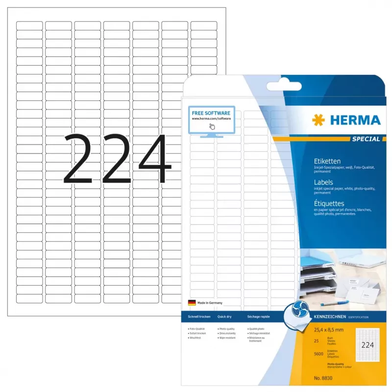 Etiquetas para inyección de tinta HERMA A4 25,4x8,5 mm papel blanco mate 5600 uds.