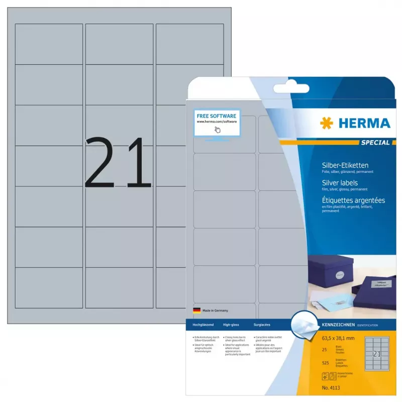 Etiqueta autoadhesiva para impresora HERMA Labels A4 63,5x38,1 mm plata film brillante