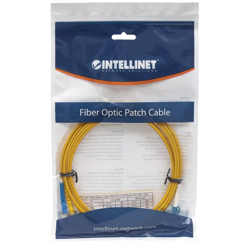 Latiguillo de fibra óptica Intellinet, OS2, LC/ST, 5 m, amarillo, dúplex, monomodo, 9/125 µm, LSZH, fibra óptica, garantía de por vida