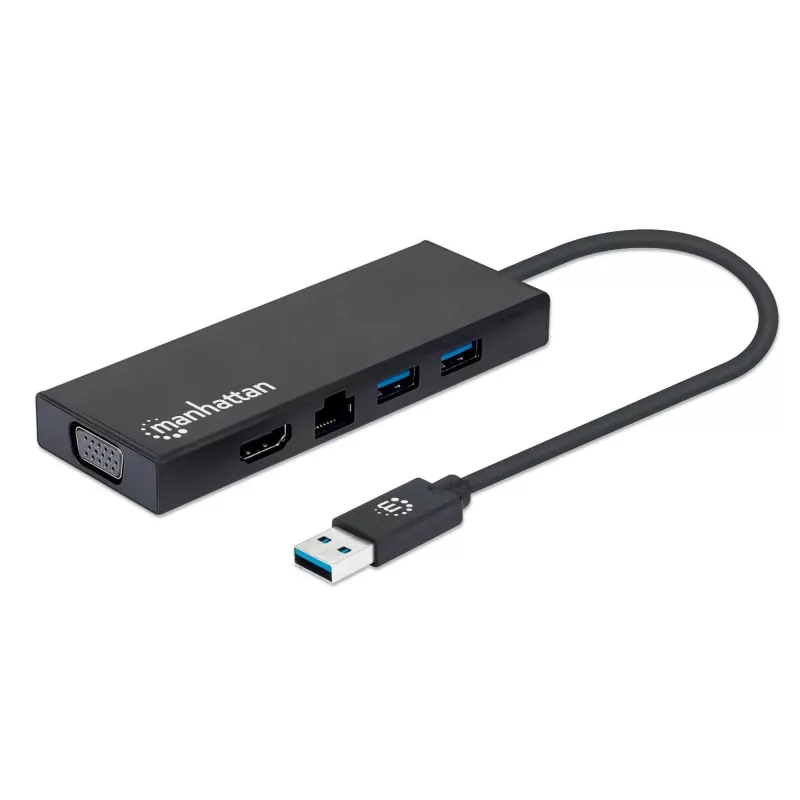 Dock/hub USB-A Manhattan, conectores (x5): Ethernet, HDMI, USB-A (x2) y VGA, entrada de alimentación Micro-USB (opcional, solo si se necesita alimentación adicional. No es necesario para la funcionalidad de doble monitor. Cable no incluido), aluminio, negro, tres años de garantía
