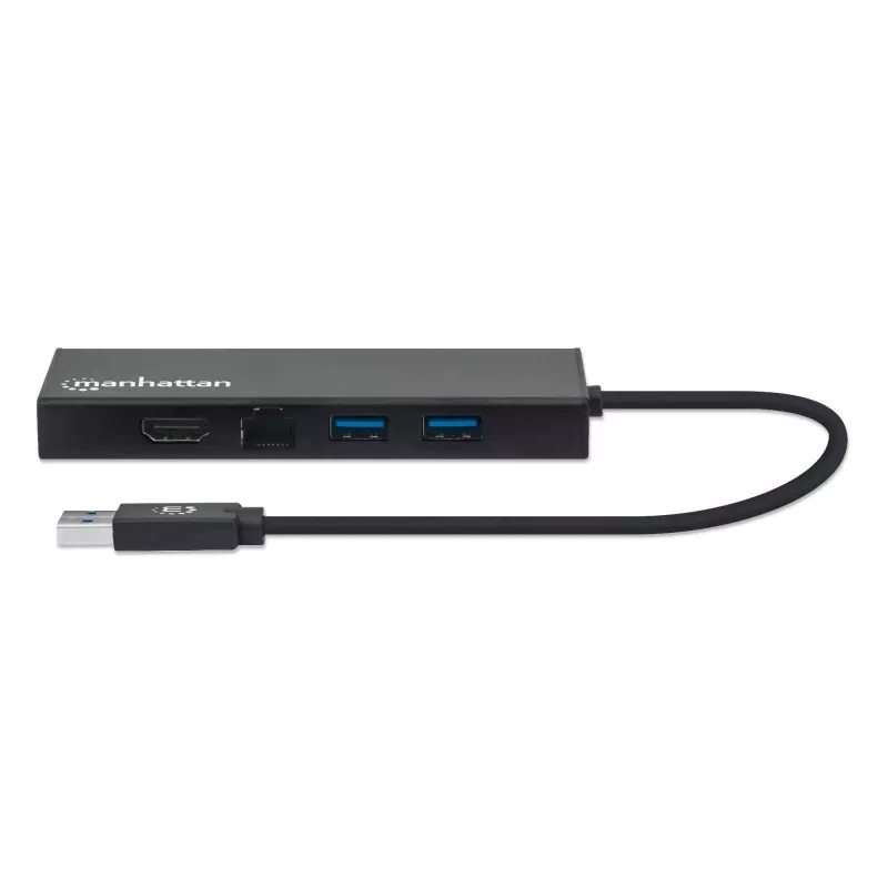 Dock/hub USB-A Manhattan, conectores (x5): Ethernet, HDMI, USB-A (x2) y VGA, entrada de alimentación Micro-USB (opcional, solo si se necesita alimentación adicional. No es necesario para la funcionalidad de doble monitor. Cable no incluido), aluminio, negro, tres años de garantía