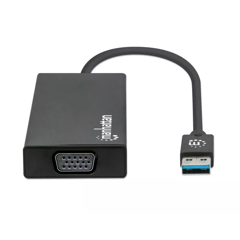 Dock/hub USB-A Manhattan, conectores (x5): Ethernet, HDMI, USB-A (x2) y VGA, entrada de alimentación Micro-USB (opcional, solo si se necesita alimentación adicional. No es necesario para la funcionalidad de doble monitor. Cable no incluido), aluminio, negro, tres años de garantía