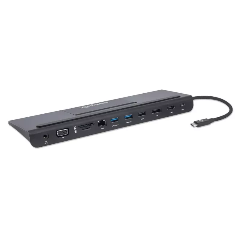 Dock/hub USB-C Manhattan con lector de tarjetas y MST, conectores (x9): audio 3,5 mm, DisplayPort, Ethernet, HDMI, USB-A (x3), USB-C y VGA, con Power Delivery (100 W) al conector USB-C (nota: se requiere fuente de alimentación USB-C y cable USB-C adicionales), todos los conectores se pueden utilizar simultáneamente