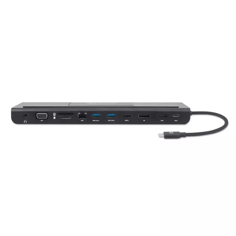 Dock/hub USB-C Manhattan con lector de tarjetas y MST, conectores (x9): audio 3,5 mm, DisplayPort, Ethernet, HDMI, USB-A (x3), USB-C y VGA, con Power Delivery (100 W) al conector USB-C (nota: se requiere fuente de alimentación USB-C y cable USB-C adicionales), todos los conectores se pueden utilizar simultáneamente