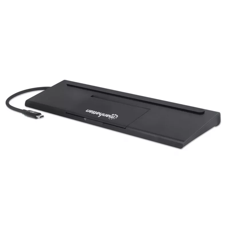 Dock/hub USB-C Manhattan con lector de tarjetas y MST, conectores (x9): audio 3,5 mm, DisplayPort, Ethernet, HDMI, USB-A (x3), USB-C y VGA, con Power Delivery (100 W) al conector USB-C (nota: se requiere fuente de alimentación USB-C y cable USB-C adicionales), todos los conectores se pueden utilizar simultáneamente