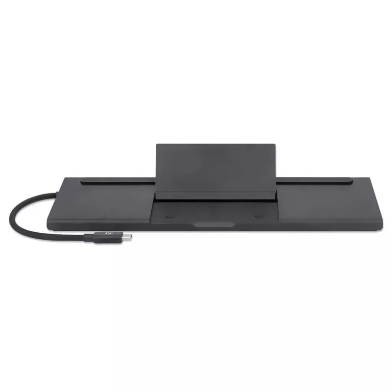 Dock/hub USB-C Manhattan con lector de tarjetas y MST, conectores (x9): audio 3,5 mm, DisplayPort, Ethernet, HDMI, USB-A (x3), USB-C y VGA, con Power Delivery (100 W) al conector USB-C (nota: se requiere fuente de alimentación USB-C y cable USB-C adicionales), todos los conectores se pueden utilizar simultáneamente