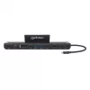 Dock/hub USB-C Manhattan con lector de tarjetas y MST, conectores (x9): audio 3,5 mm, DisplayPort, Ethernet, HDMI, USB-A (x3), USB-C y VGA, con Power Delivery (100 W) al conector USB-C (nota: se requiere fuente de alimentación USB-C y cable USB-C adicionales), todos los conectores se pueden utilizar simultáneamente