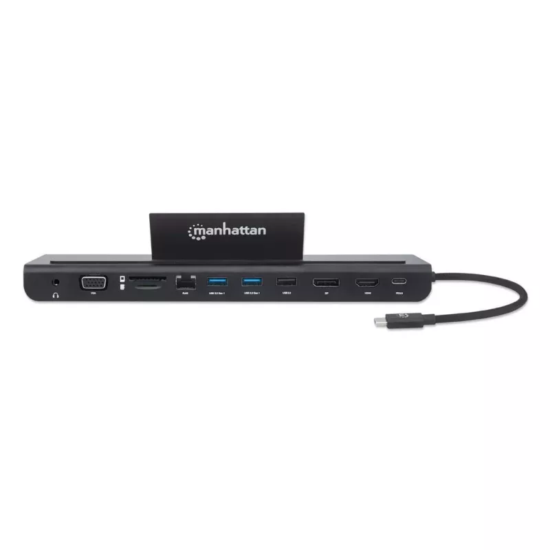 Dock/hub USB-C Manhattan con lector de tarjetas y MST, conectores (x9): audio 3,5 mm, DisplayPort, Ethernet, HDMI, USB-A (x3), USB-C y VGA, con Power Delivery (100 W) al conector USB-C (nota: se requiere fuente de alimentación USB-C y cable USB-C adicionales), todos los conectores se pueden utilizar simultáneamente