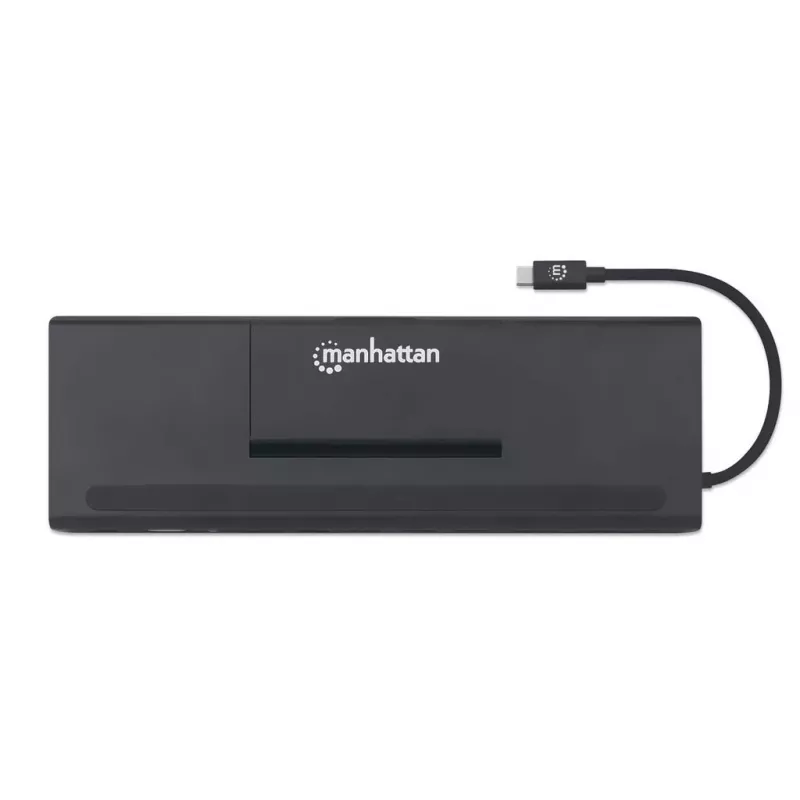 Dock/hub USB-C Manhattan con lector de tarjetas y MST, conectores (x9): audio 3,5 mm, DisplayPort, Ethernet, HDMI, USB-A (x3), USB-C y VGA, con Power Delivery (100 W) al conector USB-C (nota: se requiere fuente de alimentación USB-C y cable USB-C adicionales), todos los conectores se pueden utilizar simultáneamente