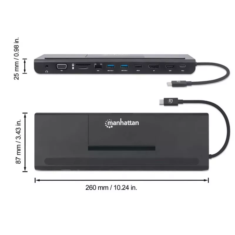 Dock/hub USB-C Manhattan con lector de tarjetas y MST, conectores (x9): audio 3,5 mm, DisplayPort, Ethernet, HDMI, USB-A (x3), USB-C y VGA, con Power Delivery (100 W) al conector USB-C (nota: se requiere fuente de alimentación USB-C y cable USB-C adicionales), todos los conectores se pueden utilizar simultáneamente