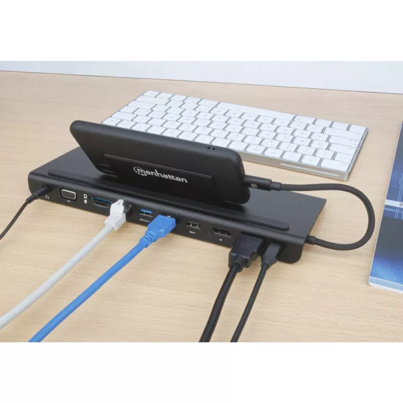 Dock/hub USB-C Manhattan con lector de tarjetas y MST, conectores (x9): audio 3,5 mm, DisplayPort, Ethernet, HDMI, USB-A (x3), USB-C y VGA, con Power Delivery (100 W) al conector USB-C (nota: se requiere fuente de alimentación USB-C y cable USB-C adicionales), todos los conectores se pueden utilizar simultáneamente