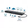 Dock/hub USB-C Manhattan con lector de tarjetas y MST, conectores (x9): audio 3,5 mm, DisplayPort, Ethernet, HDMI, USB-A (x3), USB-C y VGA, con Power Delivery (100 W) al conector USB-C (nota: se requiere fuente de alimentación USB-C y cable USB-C adicionales), todos los conectores se pueden utilizar simultáneamente