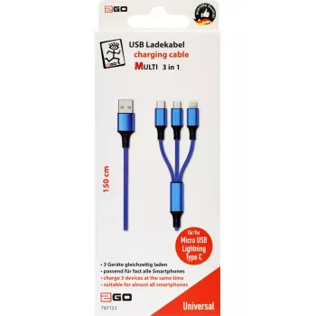 Cable USB 2GO 797151 1,5 m USB-B USB-C/Micro-USB-B/Lightning negro azul