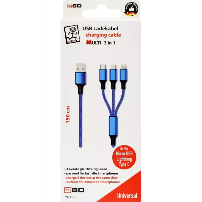Cable USB 2GO 797151 1,5 m USB-B USB-C/Micro-USB-B/Lightning negro azul